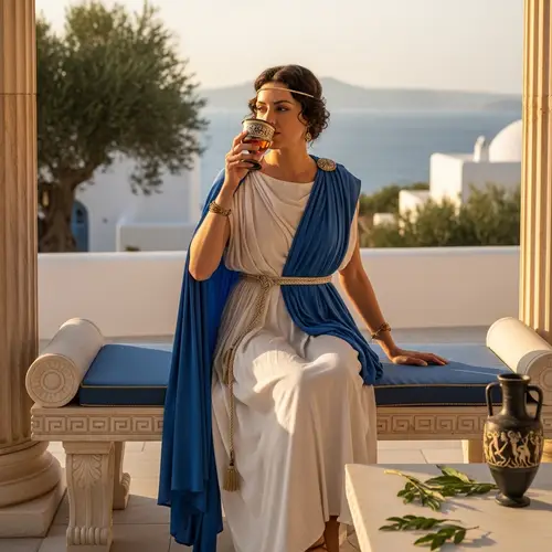 Ancient Greek Attire: Caucasian Woman Sipping Vermouth