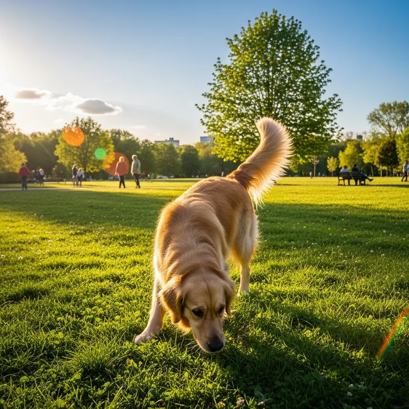 Sunny Afternoon with a Playful Dog in a Grassy Park