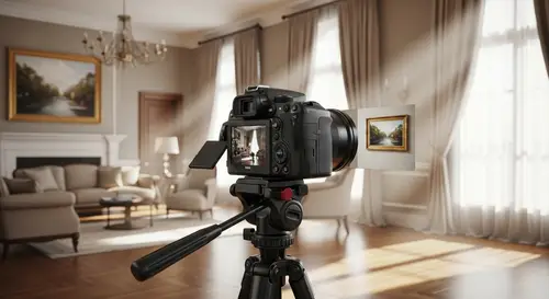 Elegant Living Room with 3D Camera on Tripod