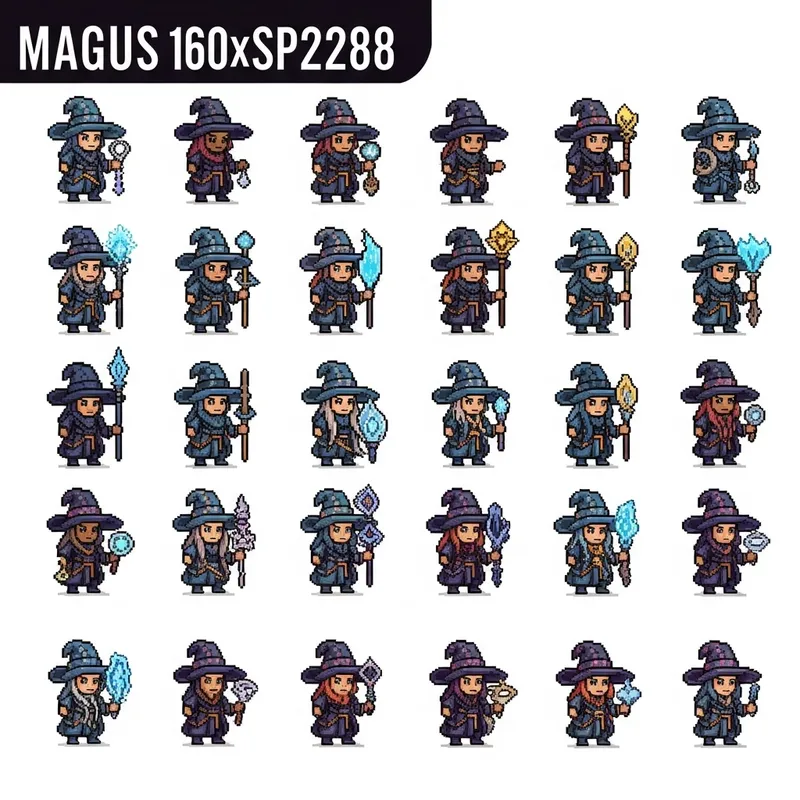 Pixel Art Magus Characters Sprite Sheet | Diverse and Unique Designs