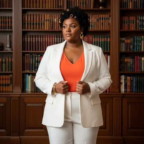 Empowered Black Woman in Elegant Home Library with Plus-Size Figure