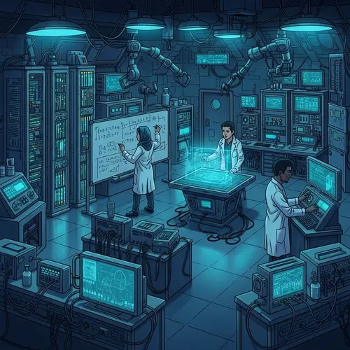 High-Tech Laboratory with Cryptic Monitors and Robotic Arms