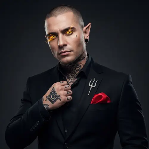 Masonic Symbol Tattooed Man in Black Suit - Power and Mystery Embodied