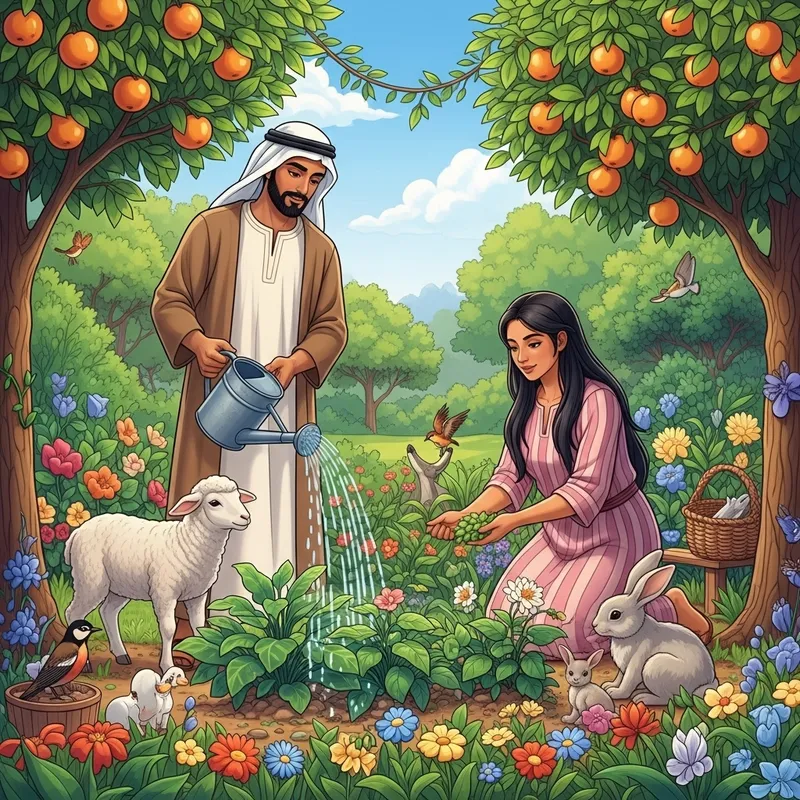 Adam and Eve: Tending Garden, Watering Plants, and Caring for Animals