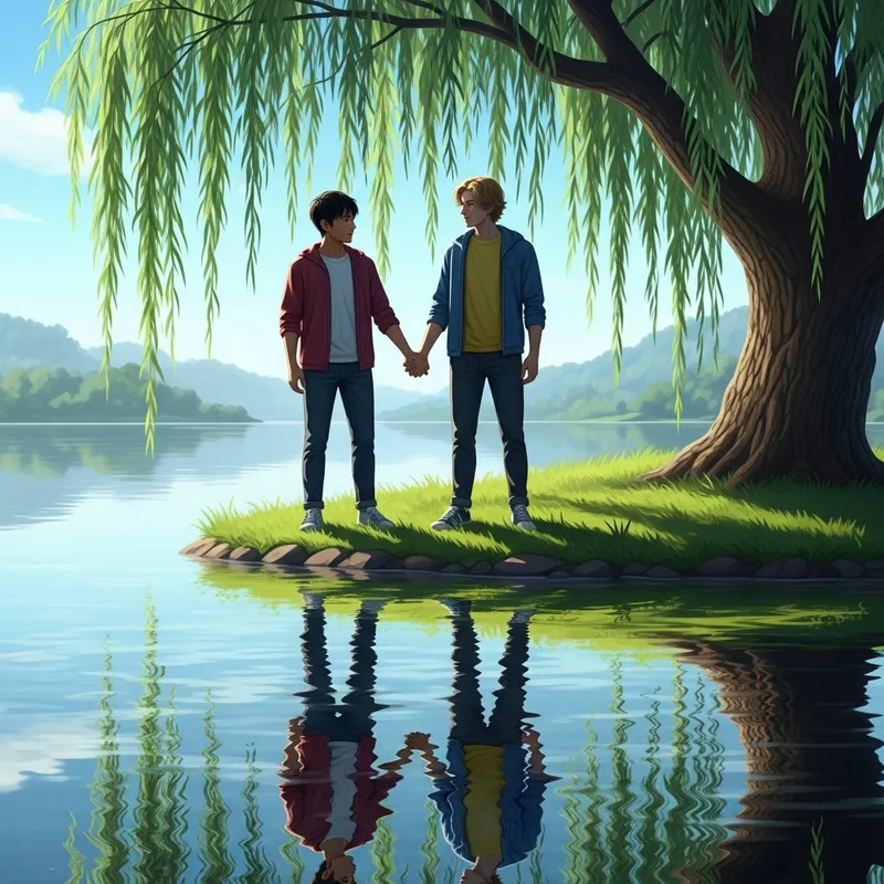 Tranquil Lake Scene with Companions by Willow Tree | Realistic Art