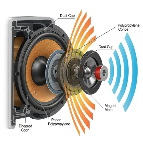 Illustration of Speaker Components and Sound Waves | Educational Style