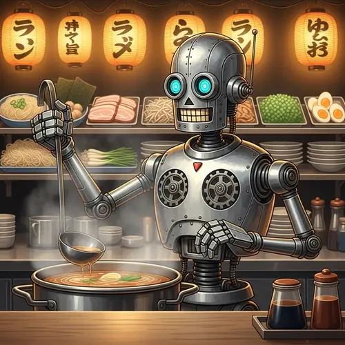 Whimsical Robot at Ramen Jiro Shop Stirring Steaming Broth