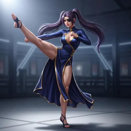 Elegant Martial Arts Woman with Purple Hair in Twin-Tails