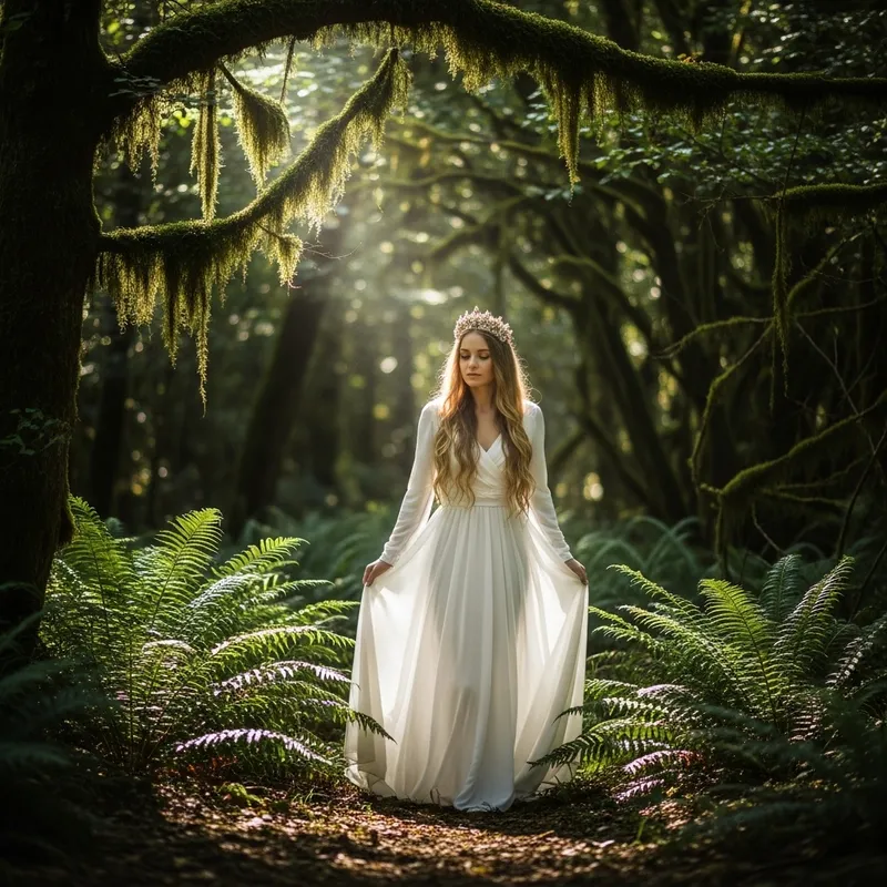 Enchanted Forest: Elegantly Dressed Woman in White Enchanted Forest: Elegantly Dressed Woman in White