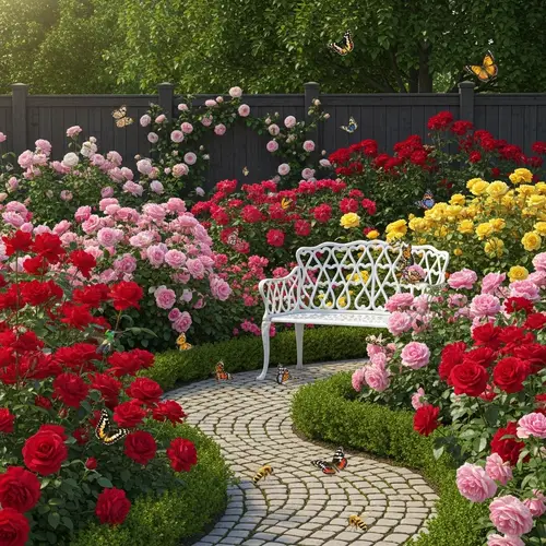 Beautiful Rose Garden with Multicolored Blooms