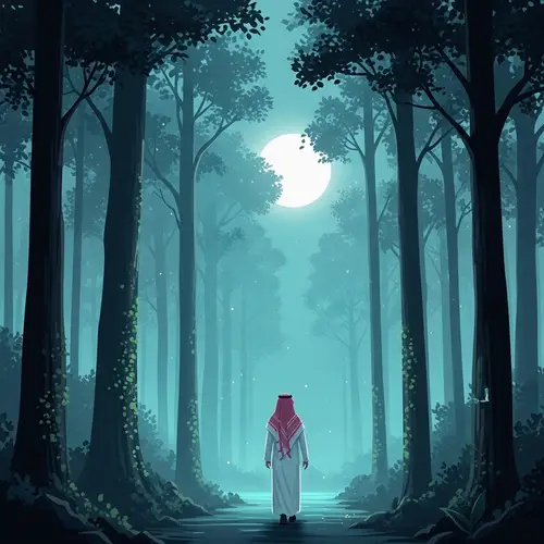 Mysterious Forest with Saudi Man - Dreamy Pastel Illustration
