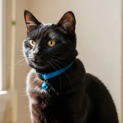 Midnight Black Domestic Cat with Blue Collar and Jingling Bell