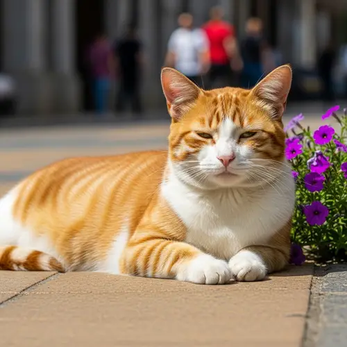 Peaceful Cat Basking in Sunlight - Urban Scene with Flowers