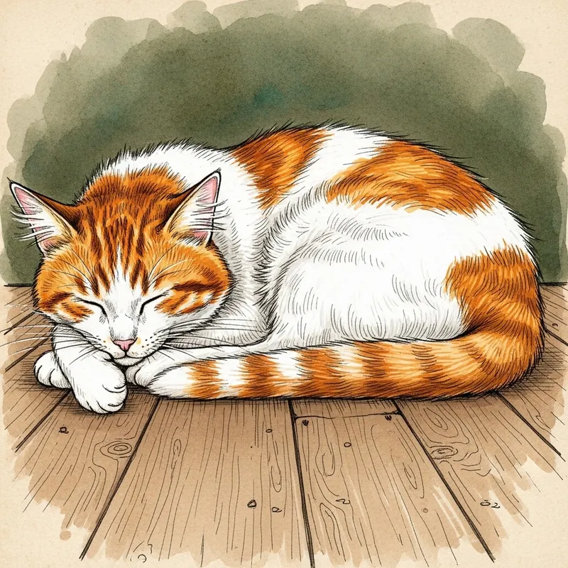 Vintage Drawing of Orange and White Cat Sleeping Peacefully