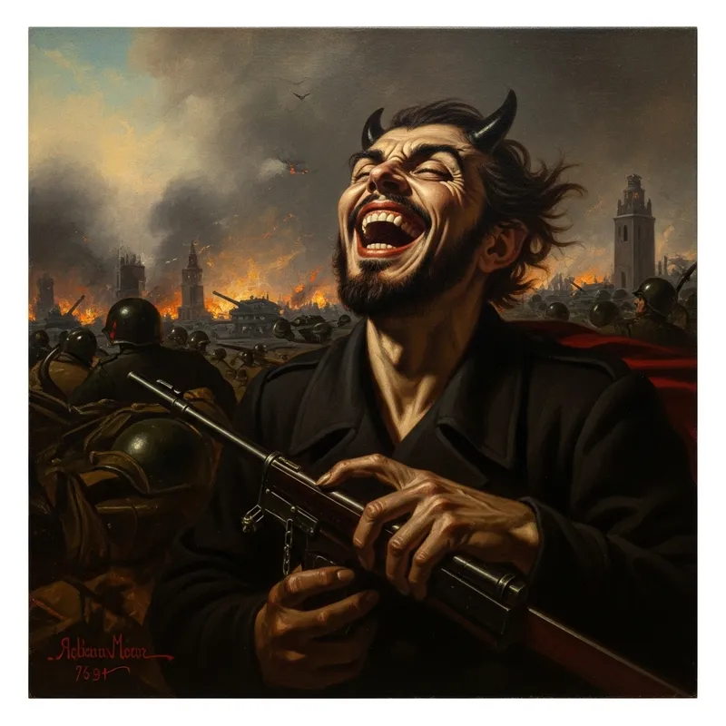 Menacing Devil Laughing in WW2 Artwork Menacing Devil Laughing in WW2 Artwork