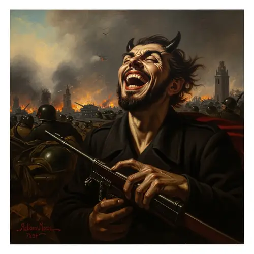 Menacing Devil Laughing in World War 2 Painting