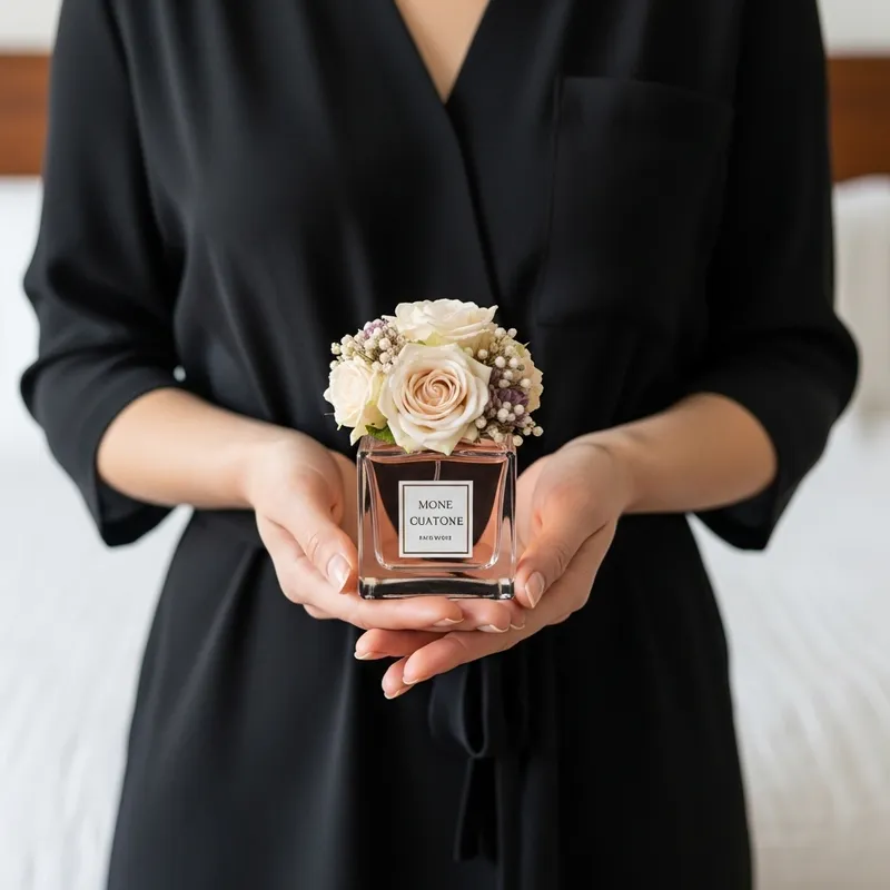 Elegant Woman Marian Holding Perfume Bottle with Flowers on Bed