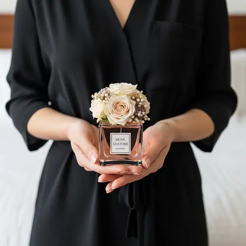 Elegant Woman Marian Holding Perfume Bottle with Flower Cap