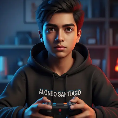 Passionate South Asian Teen in Trendy 'ALONSO SANTIAGO' Hoodie