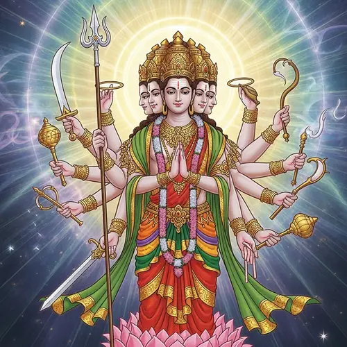 Divine Figure with Six Faces and Twelve Arms | Radiant Depiction