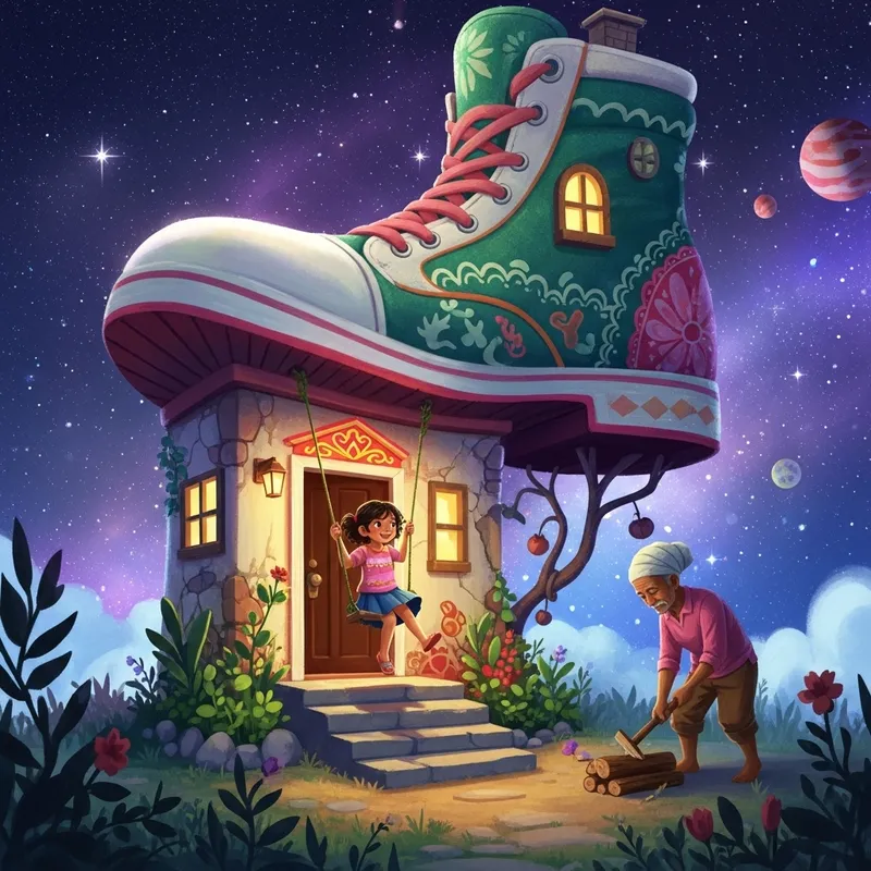 Enchanting Shoe House Floating in Cosmic Dream