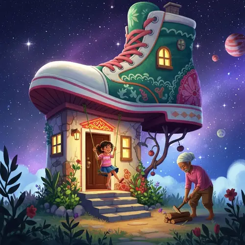 Dreamlike Shoe-Shaped House Illustration in Cosmic Universe