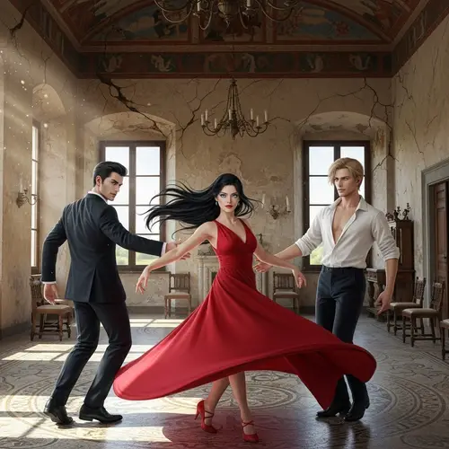 Graceful Dance in Italy: Black Hair vs. Blond Men & Dual-Eyed Woman