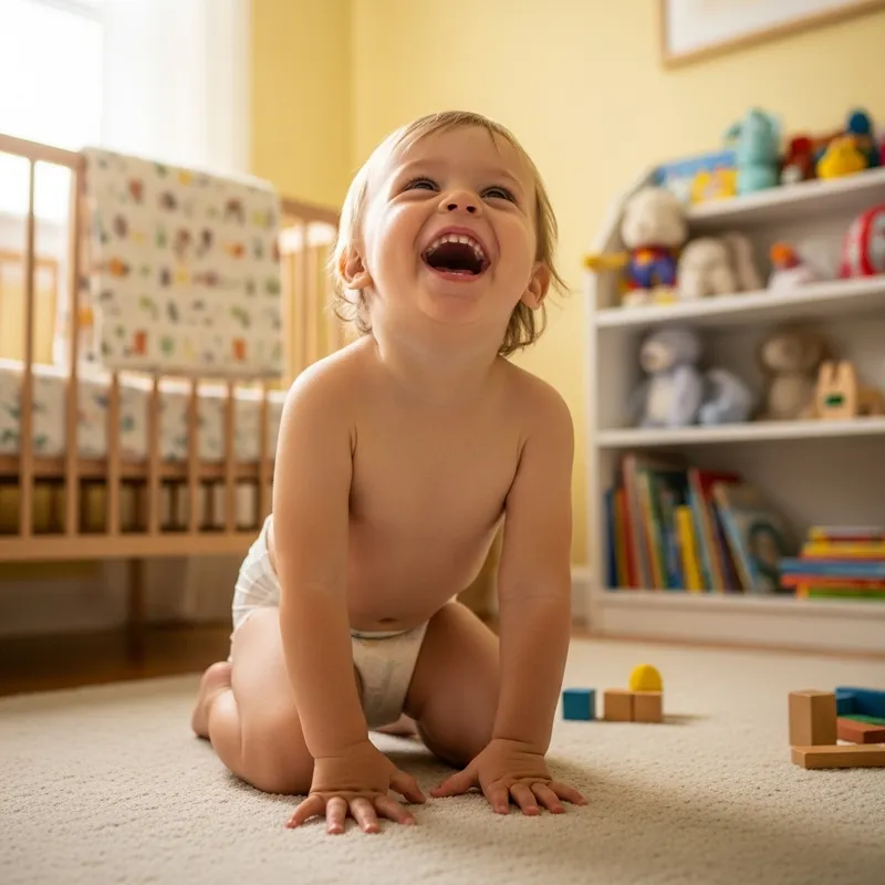 Joyful Toddler Laughing in Baby Diaper - Innocent Expression