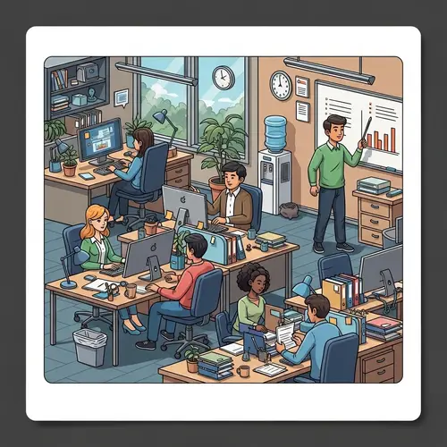 Vibrant Cartoon Office Scene with Diverse Characters | A4 Size Artwork