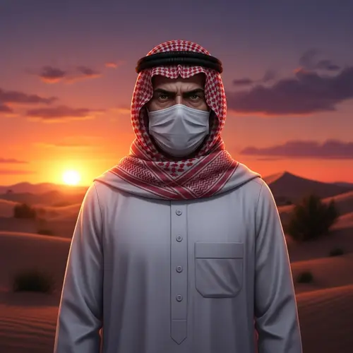 Arabic Man in Traditional Garment and Face Mask | Desert Sunset