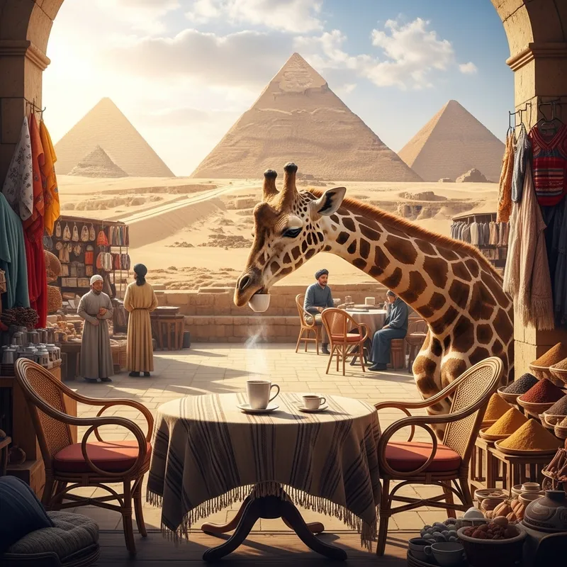 Giraffe Enjoying Coffee at Giza Pyramids | Cozy Cafe Scene