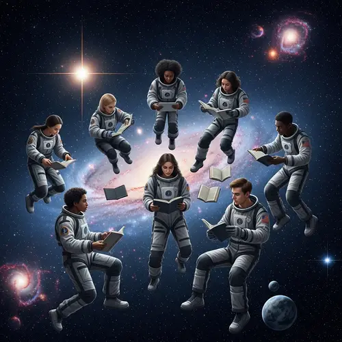 Futuristic Zero Gravity Study Session in Outer Space