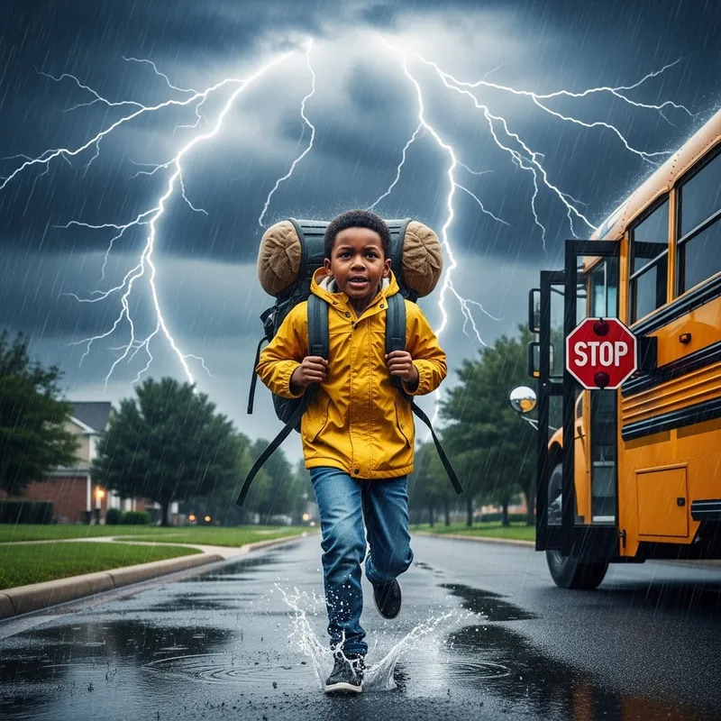 8-Year-Old African American Boy Running to School Bus Under Ominous Clouds