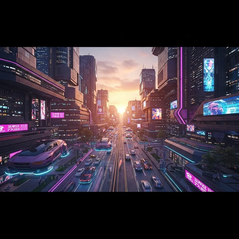 Cyberpunk Cityscape: Neon Lights, Hover Cars, Futuristic Sunset