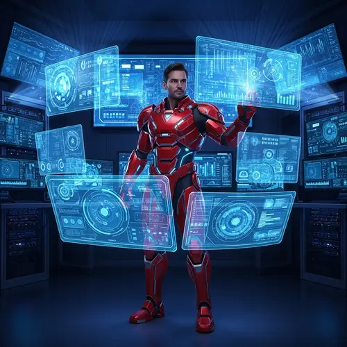 Futuristic Red & Gold Armor Suit in High-Tech Room