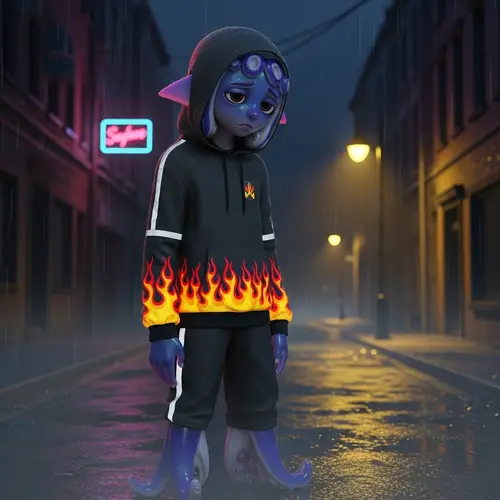 Stylish Squid in Athleisure Apparel on Dimly Lit Street