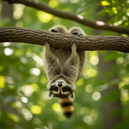 Raccoon Hanging Upside Down in a Tree