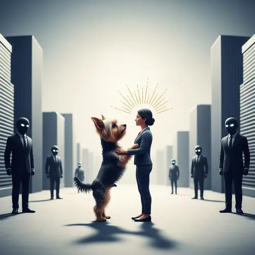 Aggressive Yorkshire Terrier Defending Innovator Against Corporate Dominance