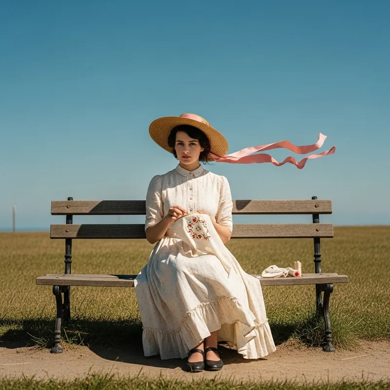 Captivating Solitary Woman Embroidering on Bench