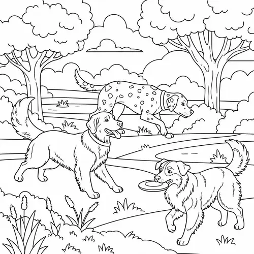 Playful Dogs Coloring Page for Kids - Fun Dog Breeds to Color