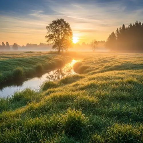 Tranquil Sunrise Meadow: Serene Beauty and Tranquility