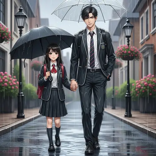 Beautiful Boy and Girl Walking in Rain | School Uniforms Soaked