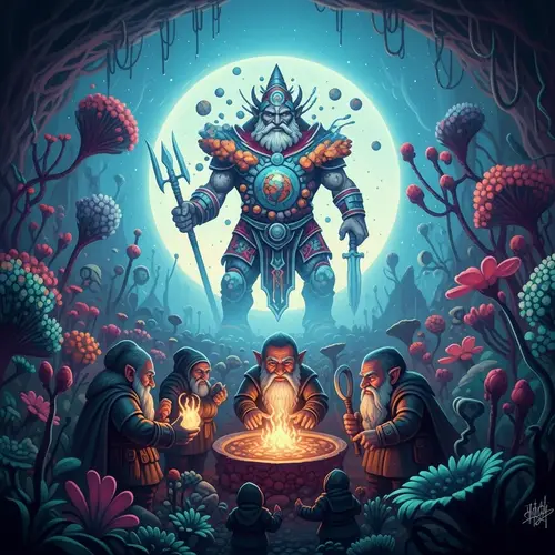 Surreal Fantasy Landscape with Mystical Dwarves and Earth Deity