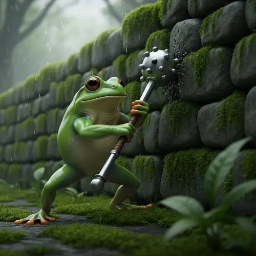 Determined Frog Pulling Out Medieval Mace | Enchanting Forest Scene