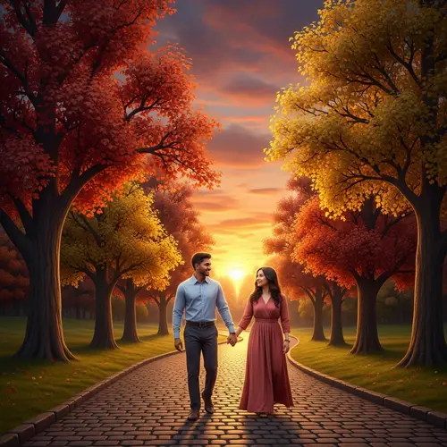 Tranquil Sunset Stroll of South Asian Man and Hispanic Woman