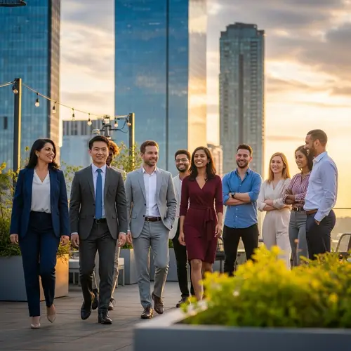 Diverse Corporate Group Walking Towards Casual Individuals