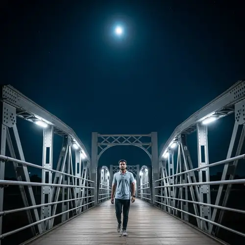 South Asian Male Strolling on Illuminated Bridge at Night