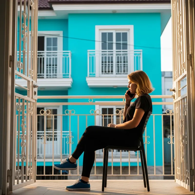 Turquoise House Terrace: Girl in Black, Phone Conversation