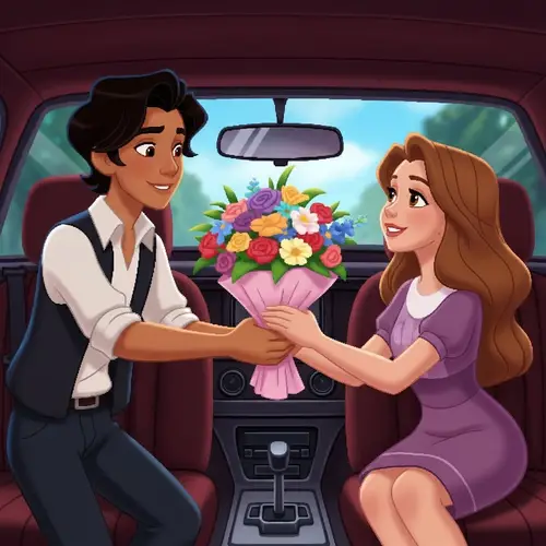 Luxurious Animated Scene: Teen Boy Presenting Flowers in Ferrari