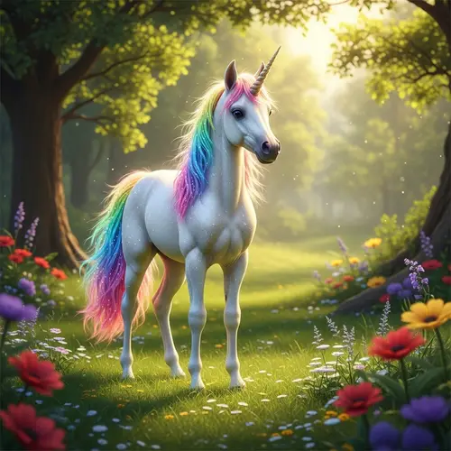 White Baby Unicorn in Magical Meadow | Rainbow Sparkle